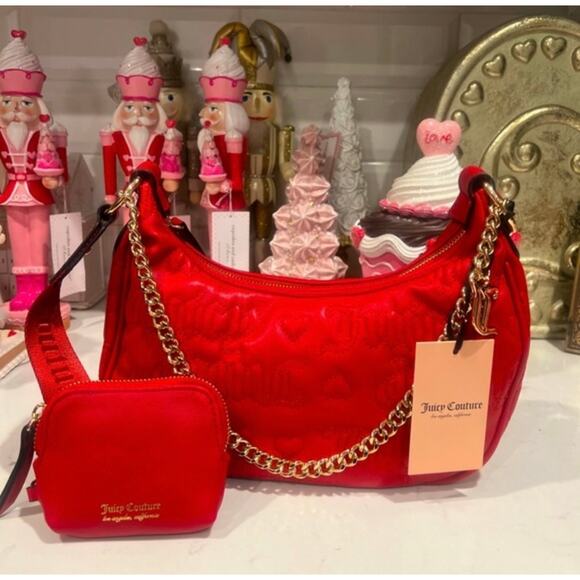 Juicy Couture Handbags - Juicy Couture Red Puff Quilted Half Moon Gold Chain Link Purse Coin Purse Set